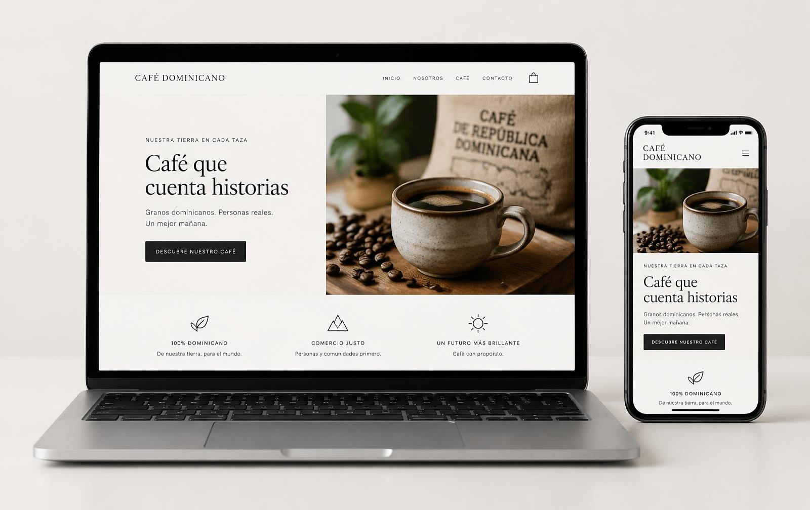 Sitio web de un café dominicano en laptop y teléfono